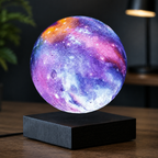 Levitating galaxy moon table lamp glowing purple and blue over a dark base.