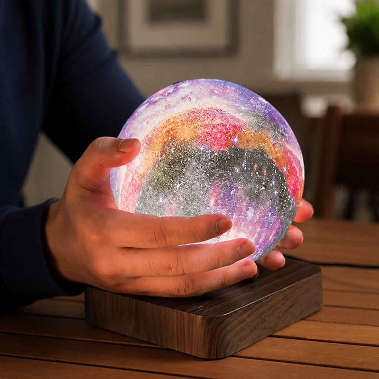 Levitating galaxy moon table lamp held above its wood base with two hands.