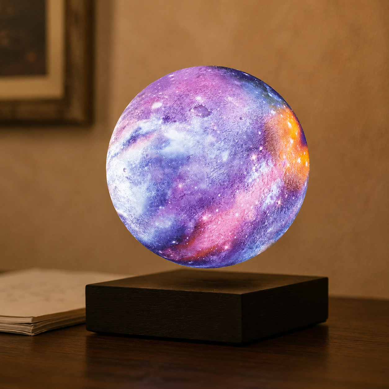 Levitating galaxy moon table lamp glowing over a dark base in a warm study.