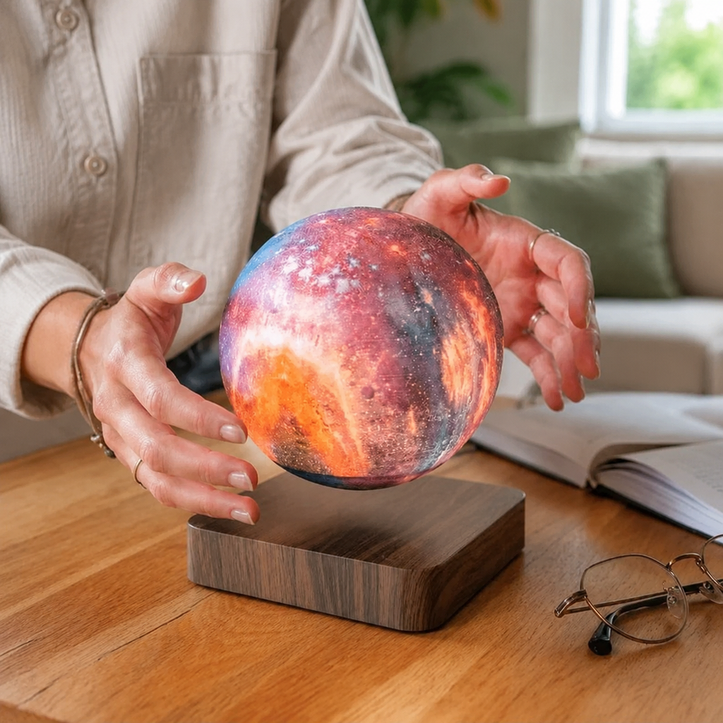 Levitating galaxy moon table lamp demonstrated between two hands on a table.