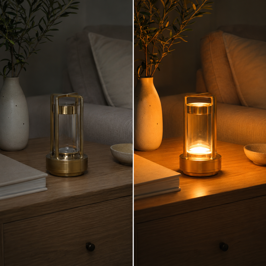 Side-by-side comparison of the gold lantern lamp switched off and illuminated.