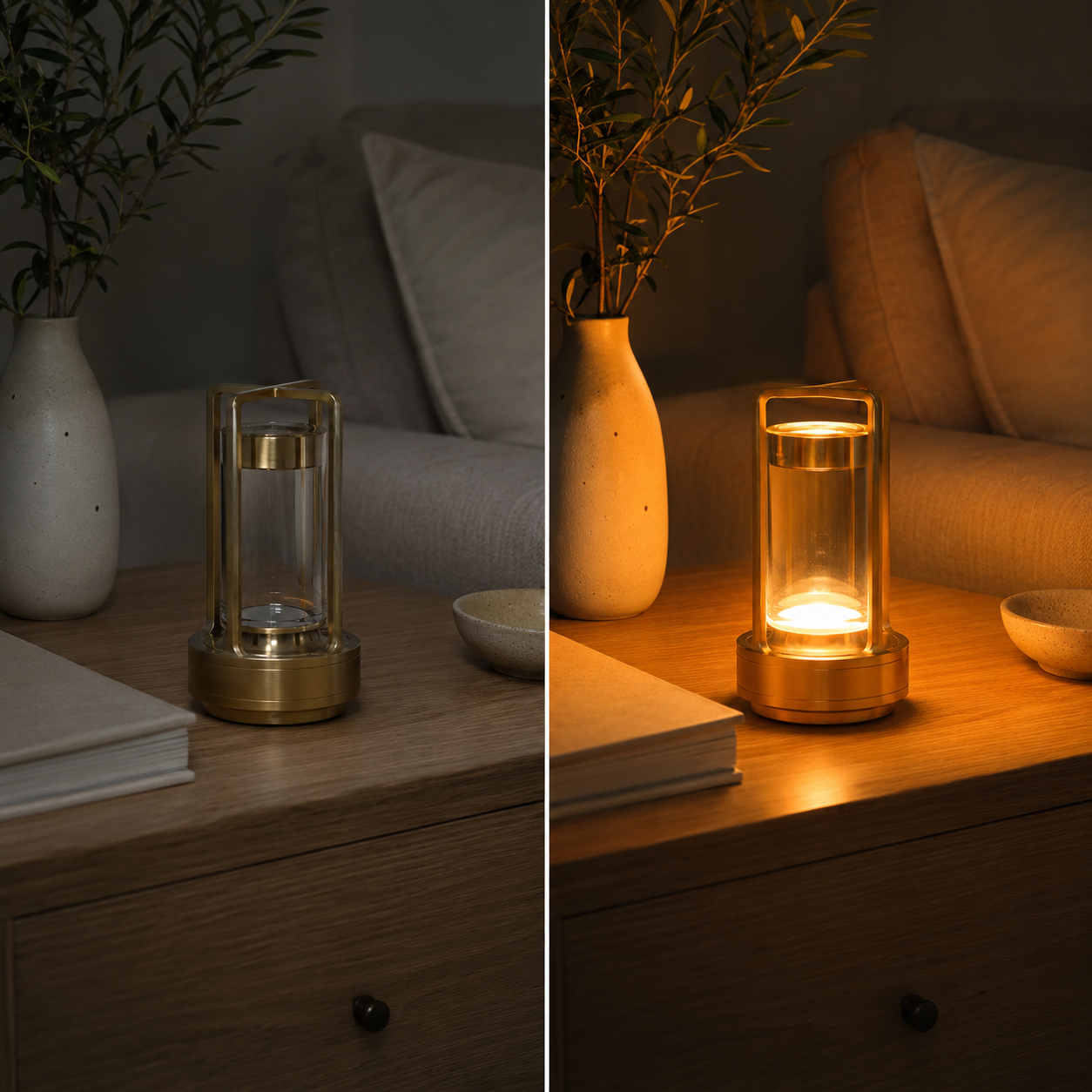 Side-by-side comparison of the gold lantern lamp switched off and illuminated.