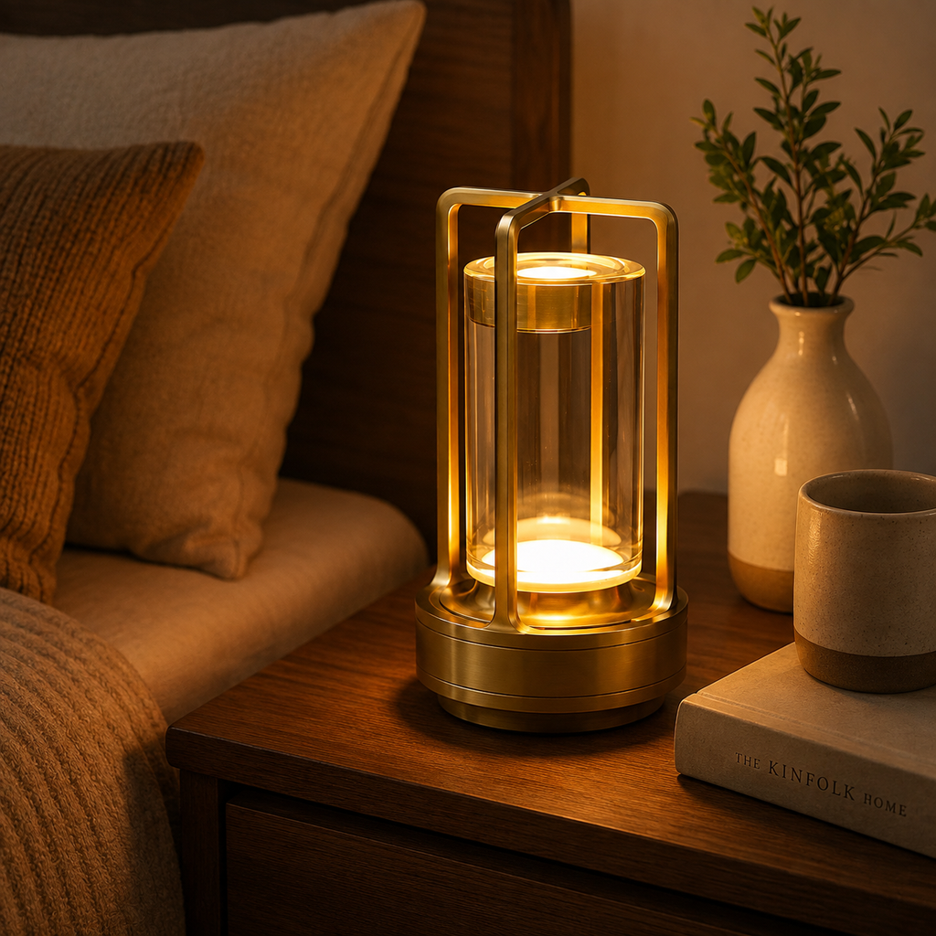 Gold rechargeable lantern table lamp glowing on a side table in a warm living room.