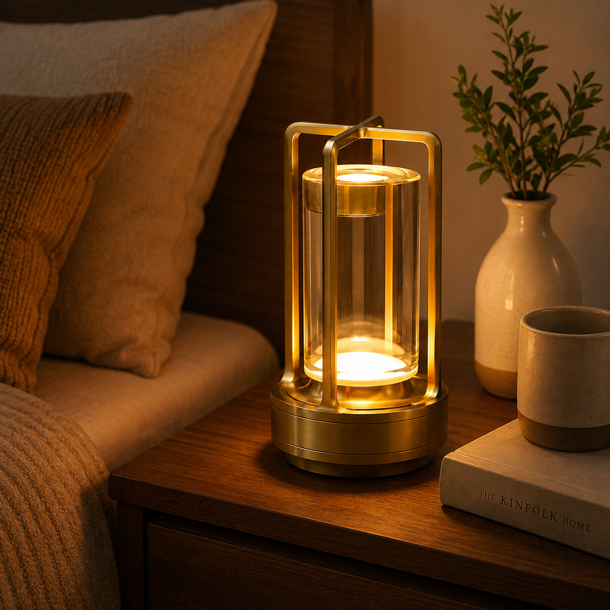 Gold rechargeable lantern table lamp glowing on a side table in a warm living room.