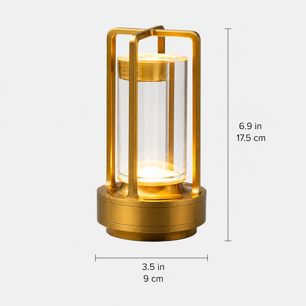 Gold cordless lantern table lamp shown with product height and base-width dimensions.