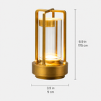 Gold cordless lantern table lamp shown with product height and base-width dimensions.