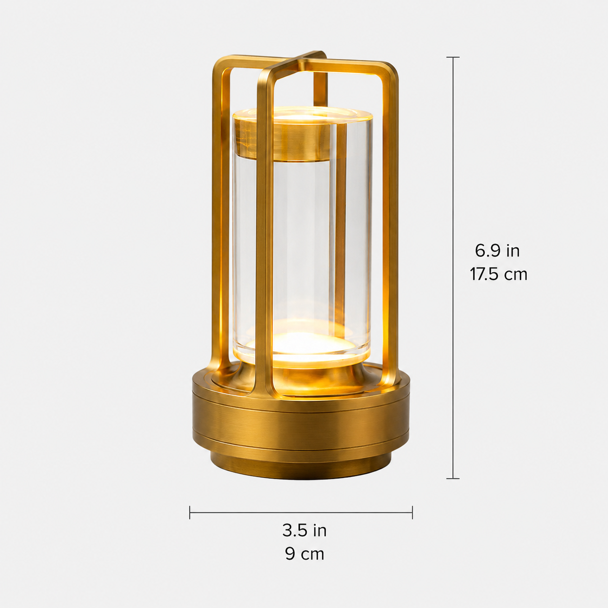 Gold cordless lantern table lamp shown with product height and base-width dimensions.