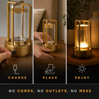 Gold rechargeable table lamp demonstrating charge, place, and enjoy steps.