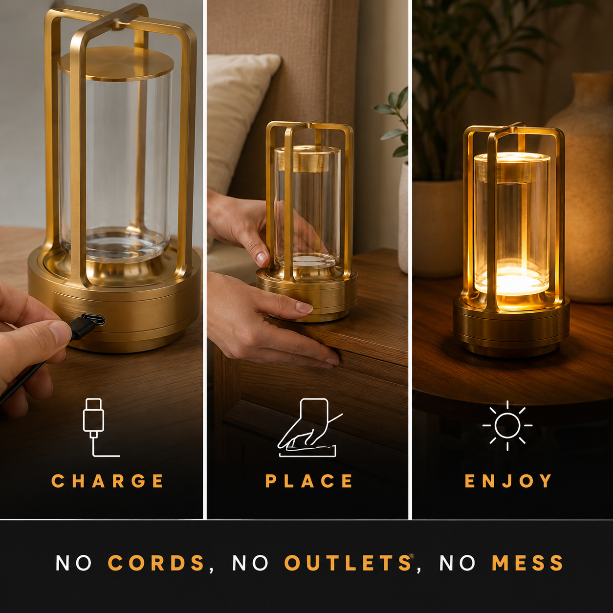 Gold rechargeable table lamp demonstrating charge, place, and enjoy steps.