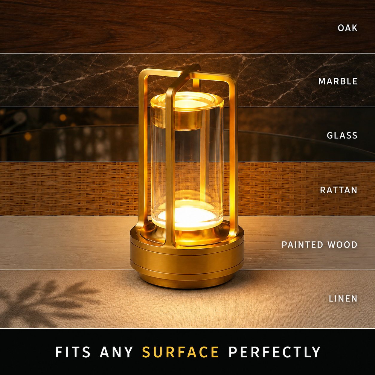 Gold lantern table lamp displayed on oak, marble, glass, rattan, painted wood, and linen surfaces.
