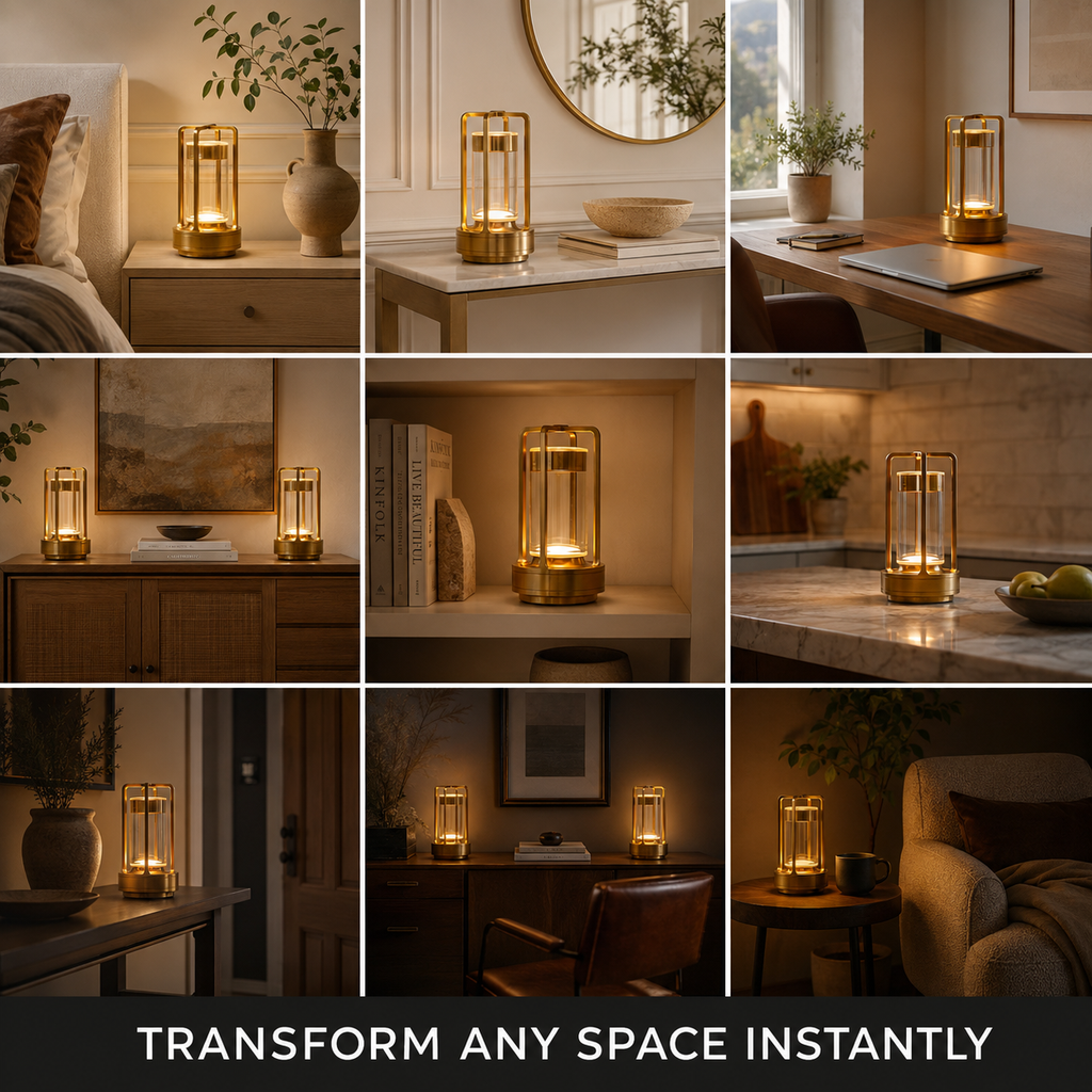 Gold cordless lantern table lamp shown in multiple bedroom, desk, shelf, and living room settings.