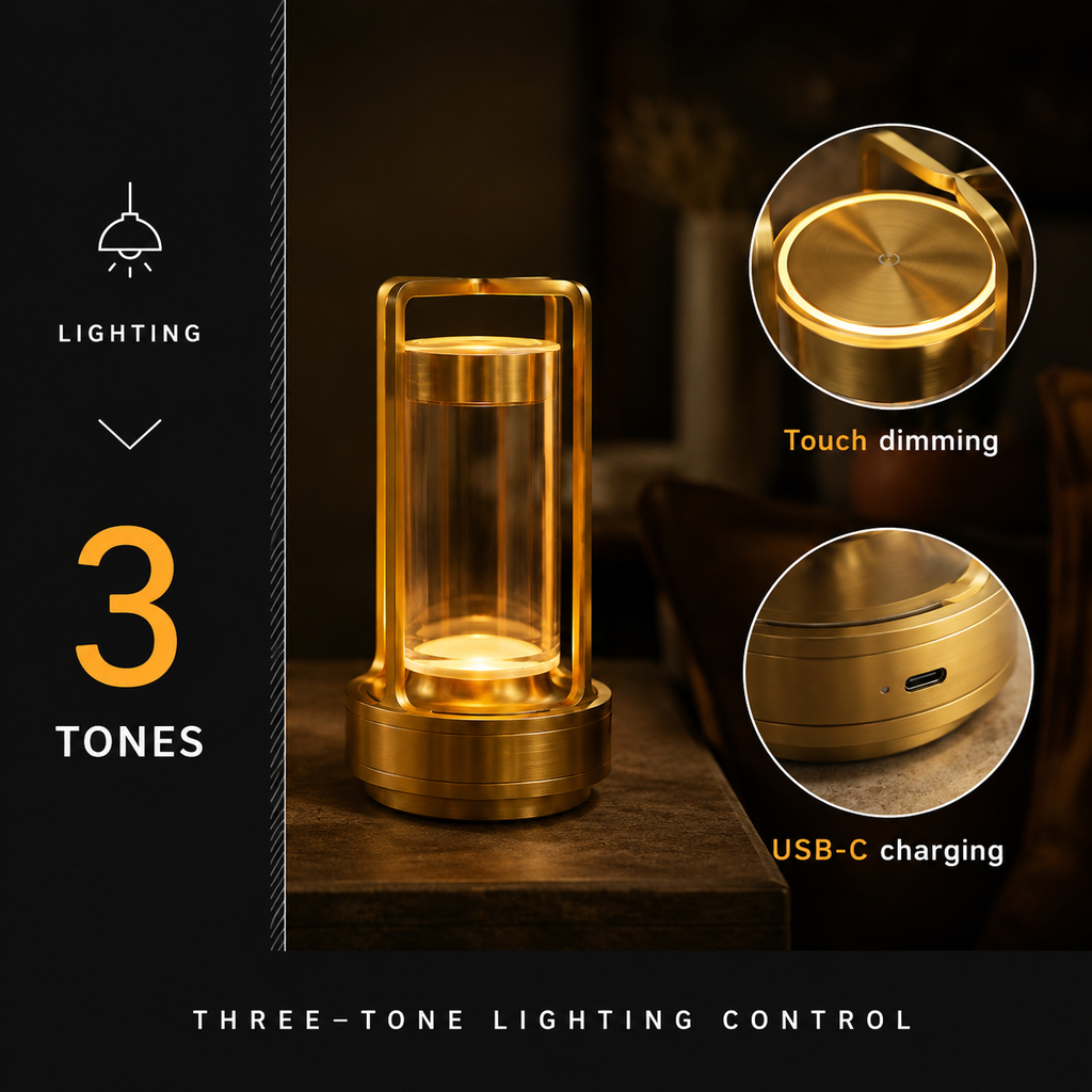 Gold rechargeable lantern lamp highlighting three light tones, touch dimming, and USB-C charging.