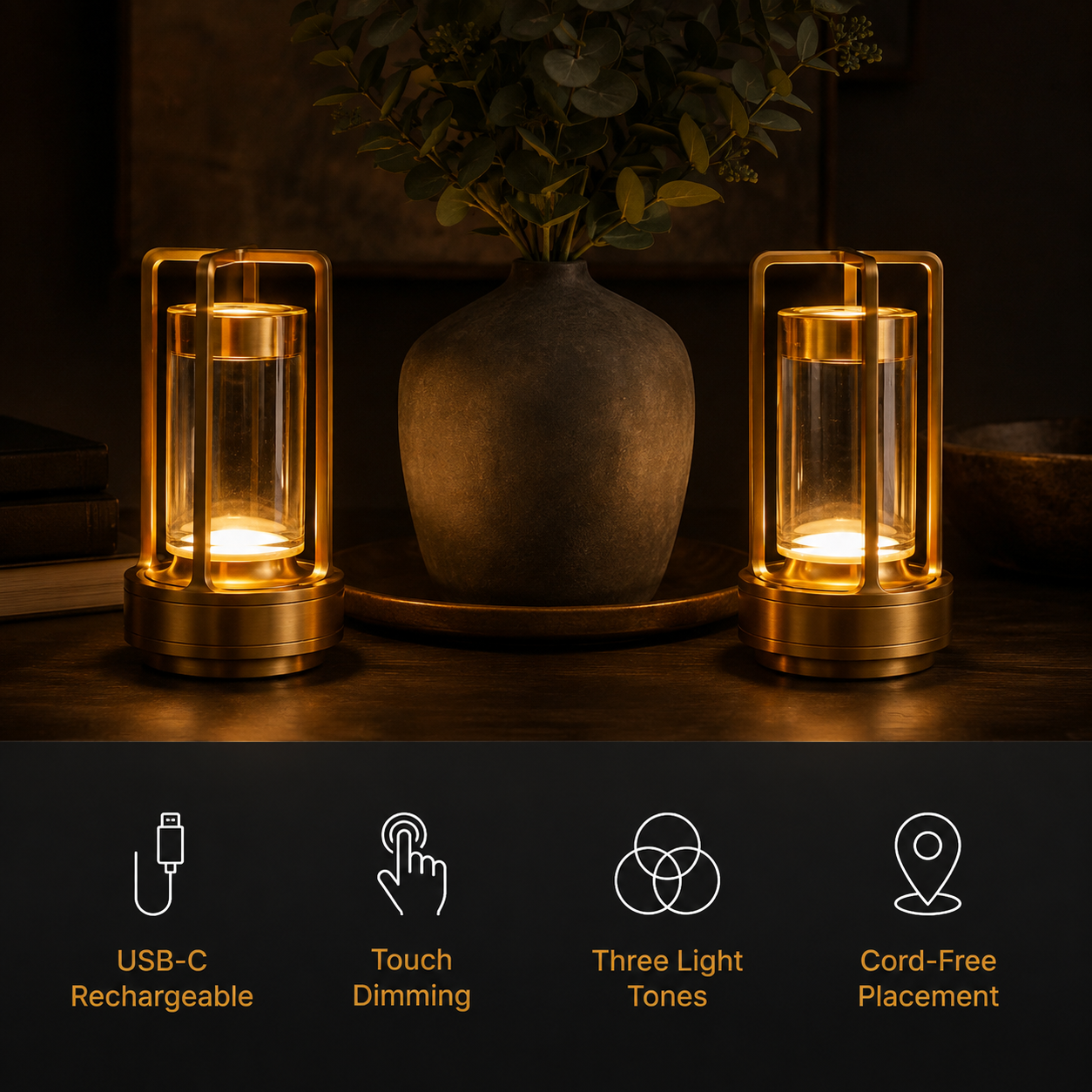 Pair of illuminated gold lantern table lamps displayed beside decorative vases.