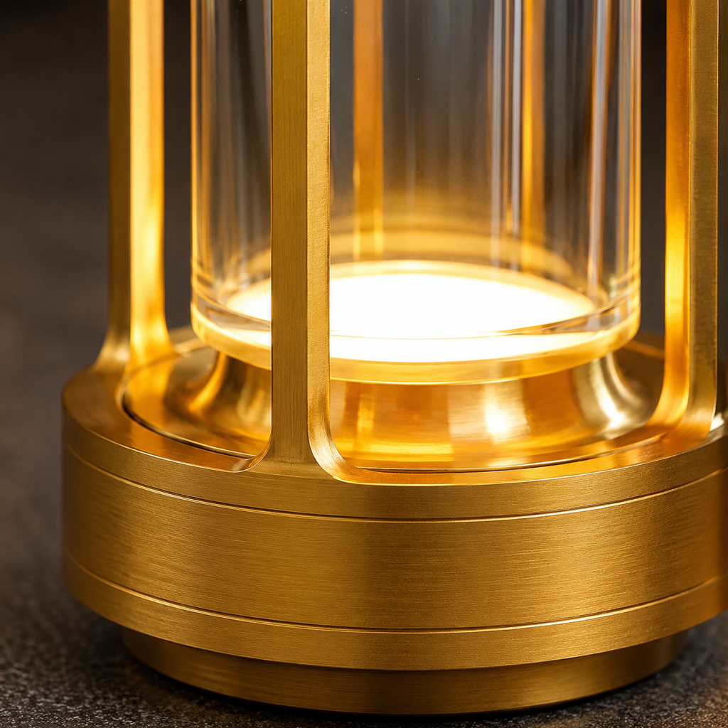Close-up of the gold lamp base, clear cylindrical shade, and warm glowing light.