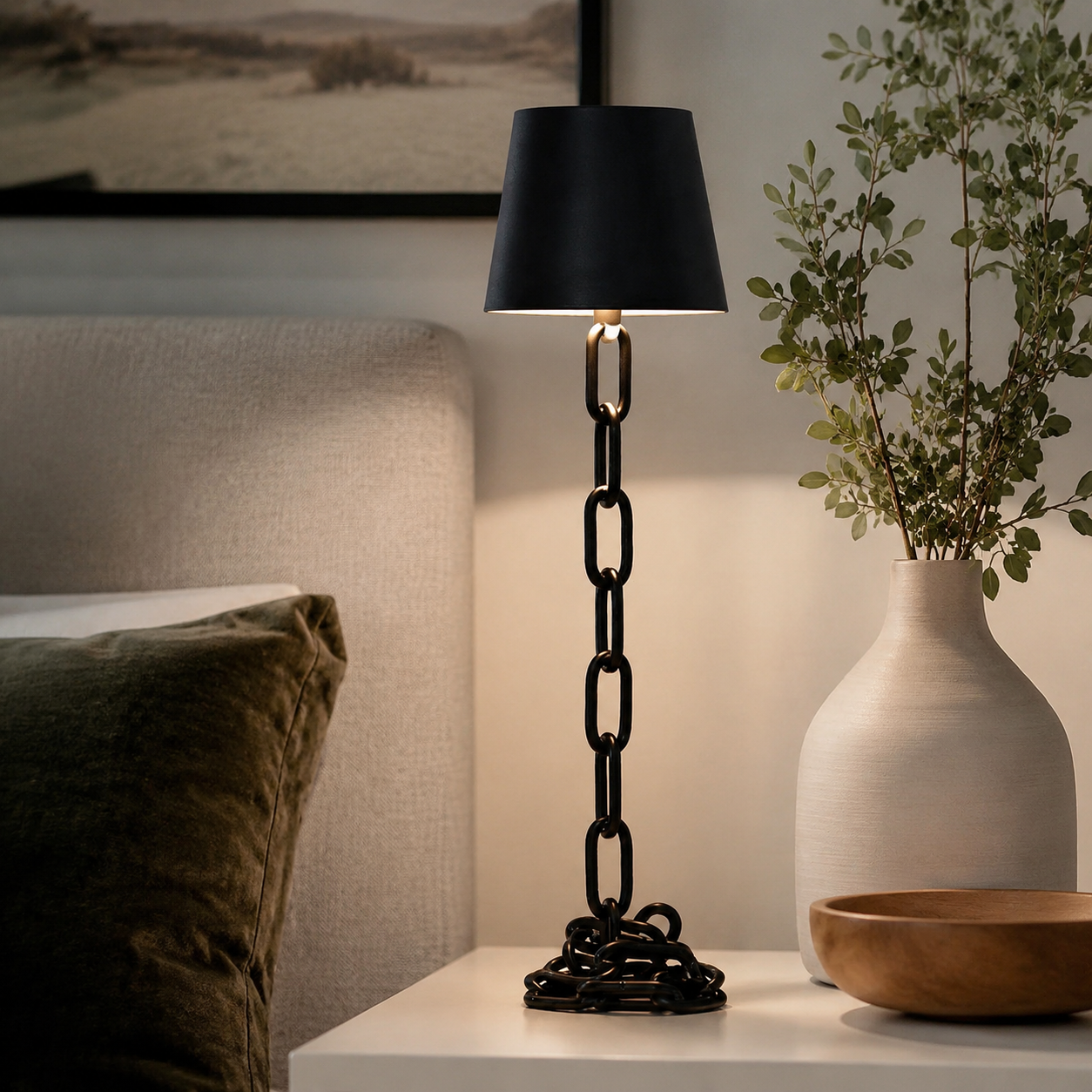 Black rechargeable chain link table lamp beside living room decor.