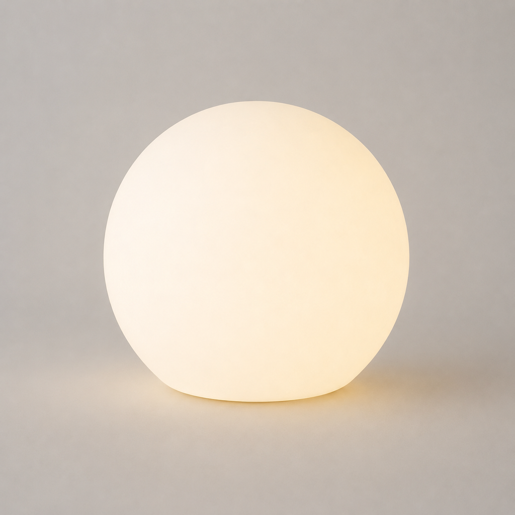 Glowing round table lamp on a plain light gray background with a soft shadow beneath the globe.