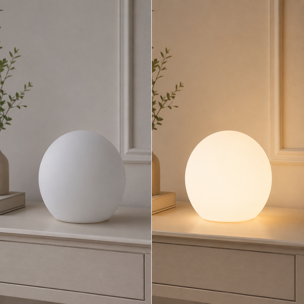 Side-by-side table lamp comparison showing the globe switched off and glowing warm when on.