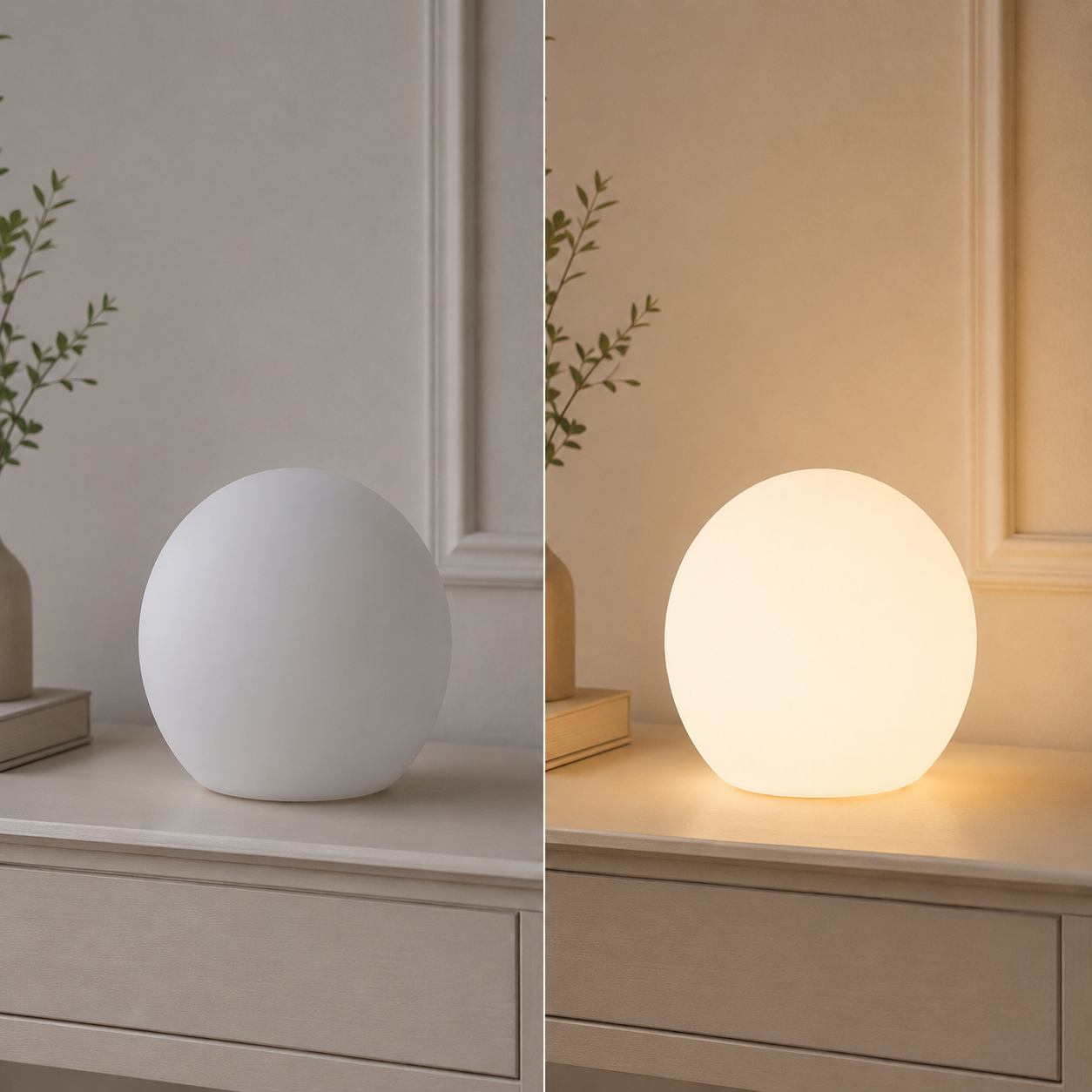 Side-by-side table lamp comparison showing the globe switched off and glowing warm when on.
