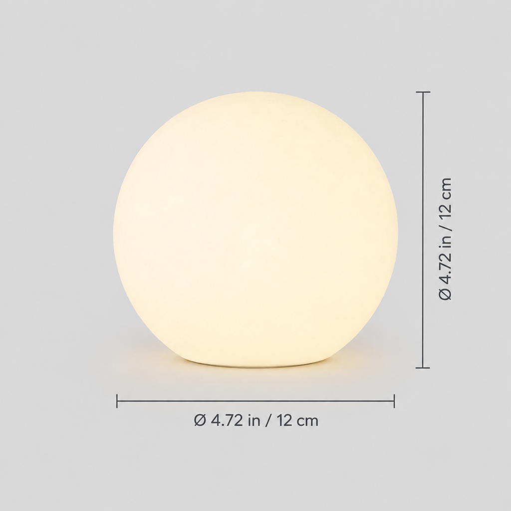 Dimensions graphic showing the round table lamp with width and height measurement lines.