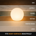 Table lamp displayed on oak, marble, glass, rattan, painted wood, and linen surfaces.