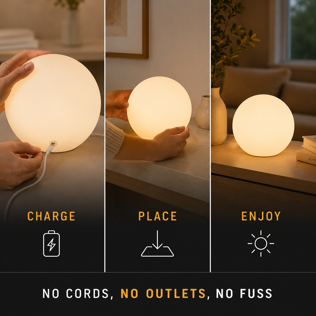 Three-step graphic showing the table lamp being charged, placed, and switched on.