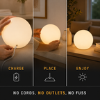 Three-step graphic showing the table lamp being charged, placed, and switched on.