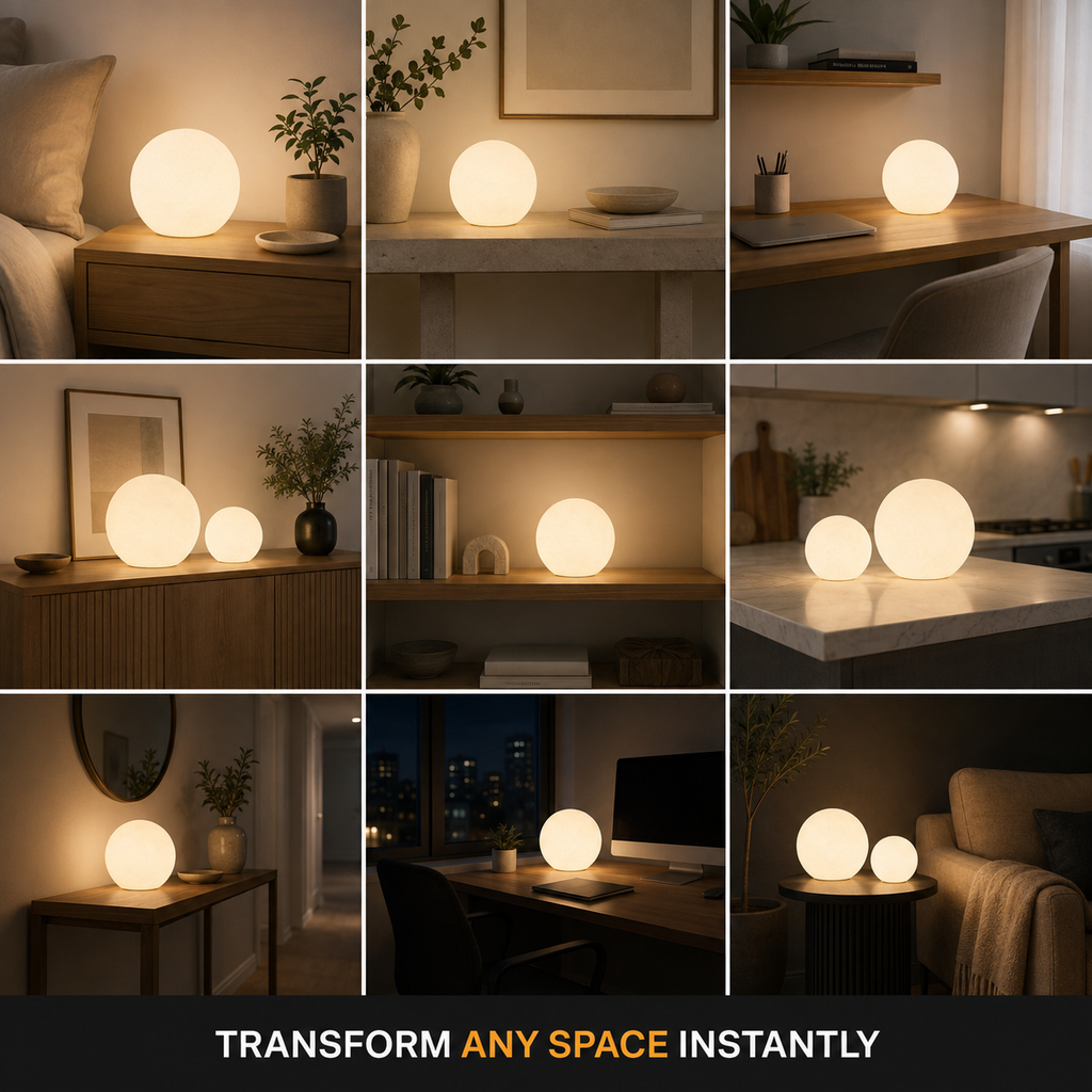 Glowing table lamp displayed on a home office shelf with warm neutral furnishings.