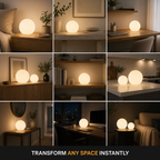 Glowing table lamp displayed on a home office shelf with warm neutral furnishings.