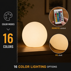 Technical graphic showing the table lamp, remote control, and 16 color lighting options.