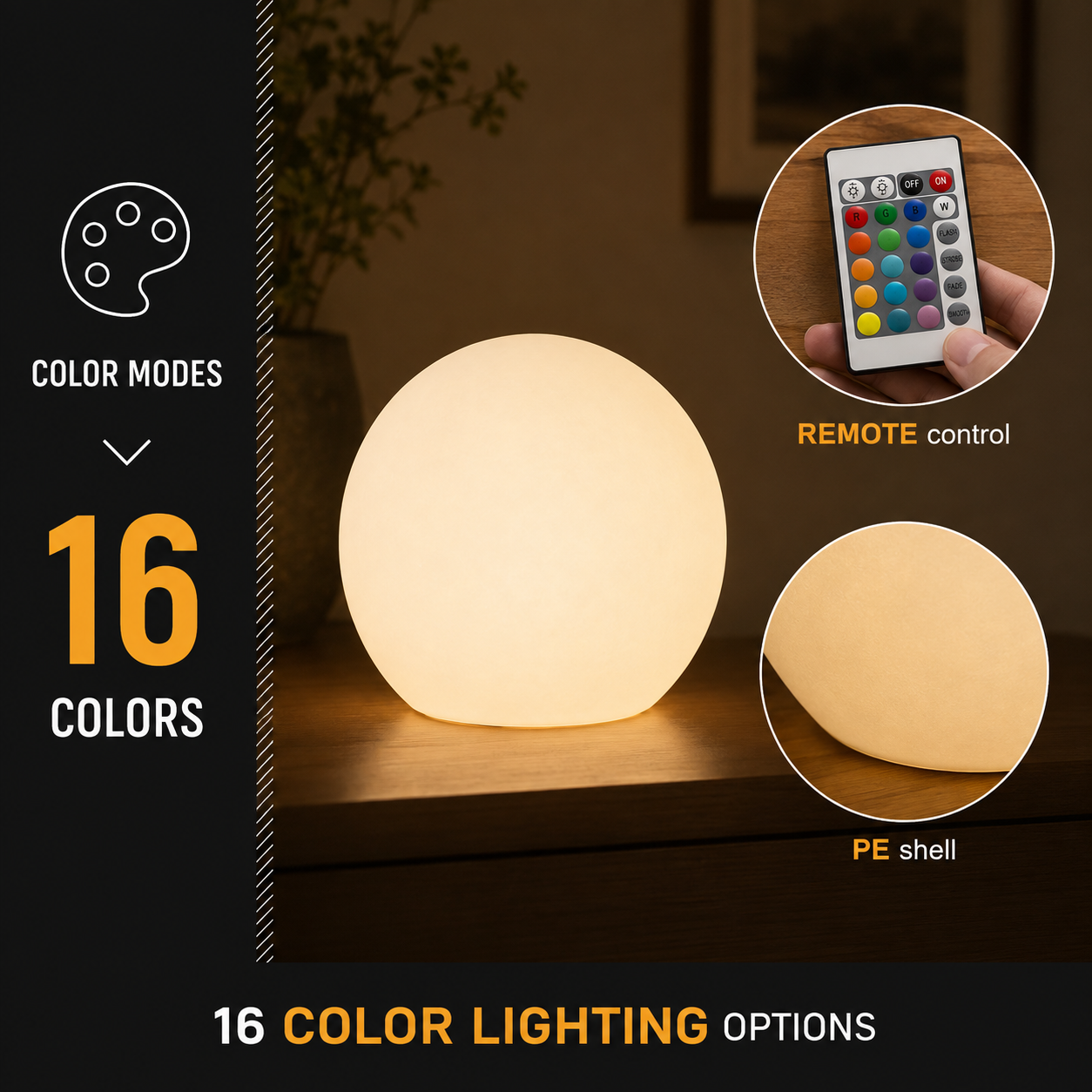 Technical graphic showing the table lamp, remote control, and 16 color lighting options.
