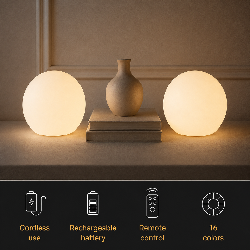 Two glowing table lamp units beside books and a vase with cordless, battery, remote, and color icons.