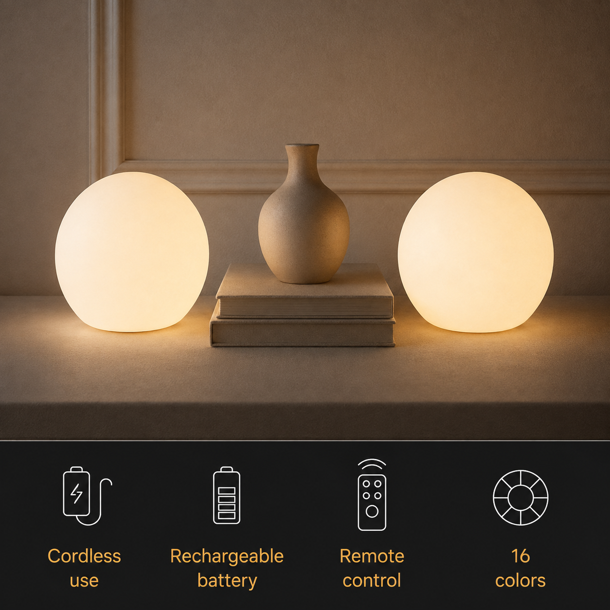 Two glowing table lamp units beside books and a vase with cordless, battery, remote, and color icons.