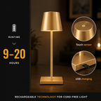 Technical graphic of a gold table lamp with runtime, touch sensor and USB charging details.
