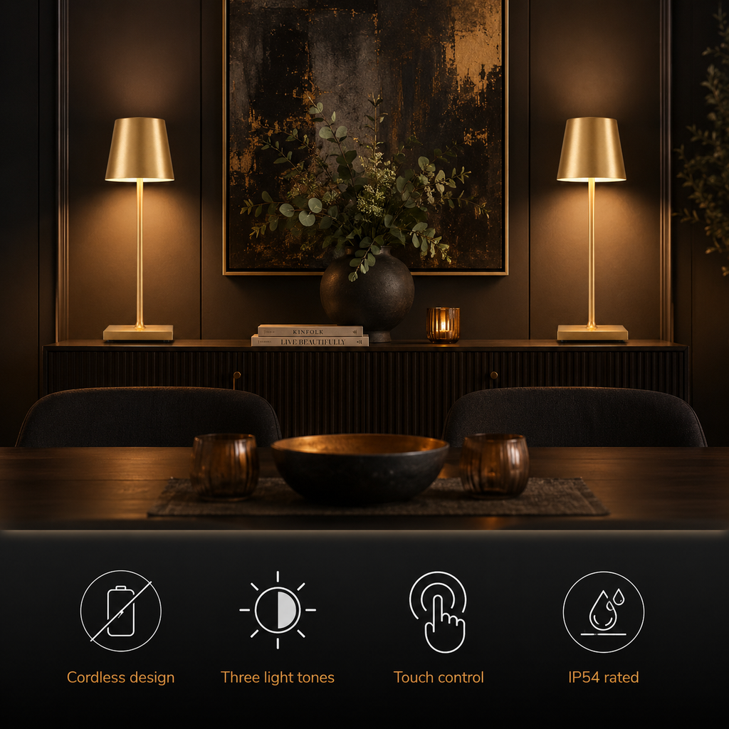 Two gold table lamp units glowing above a dining table with four feature icons below.