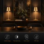 Two gold table lamp units glowing above a dining table with four feature icons below.