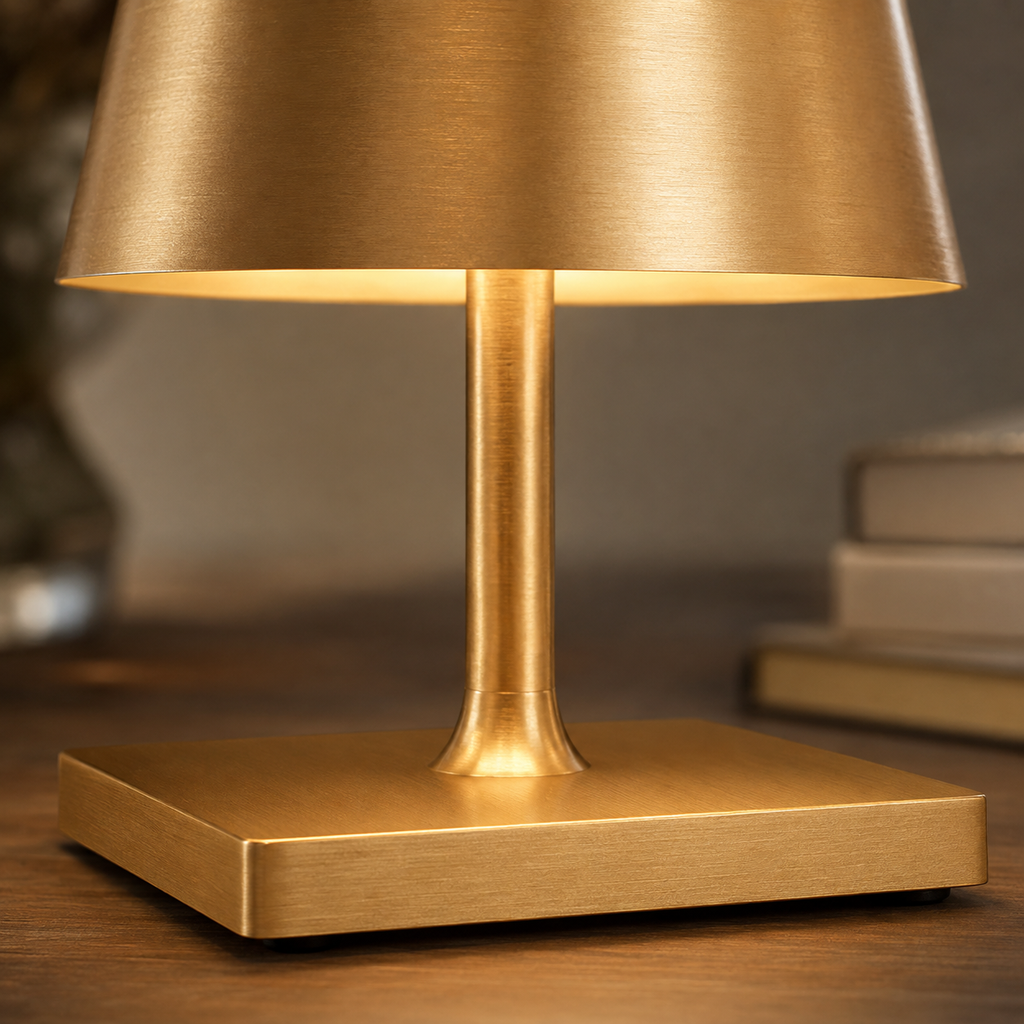Close-up of the gold table lamp shade, slim stem and square base on a wooden surface.