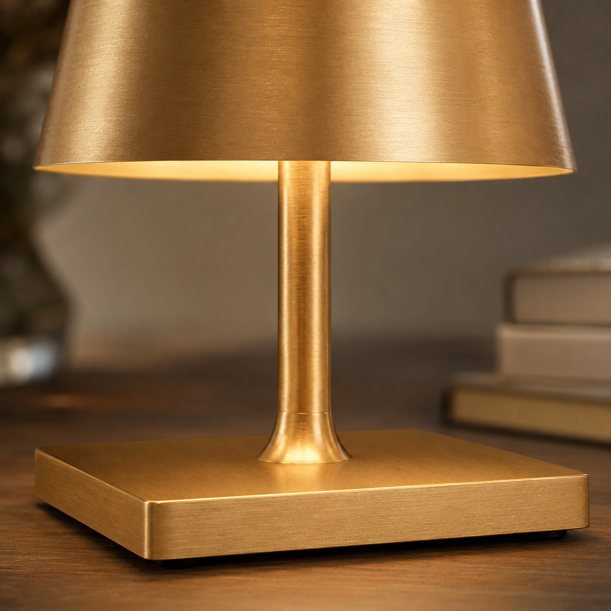 Close-up of the gold table lamp shade, slim stem and square base on a wooden surface.