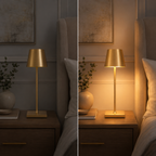 Split bedroom scene showing the gold table lamp switched off and glowing beside a bed.