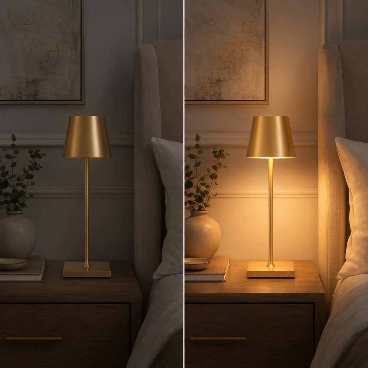 Split bedroom scene showing the gold table lamp switched off and glowing beside a bed.