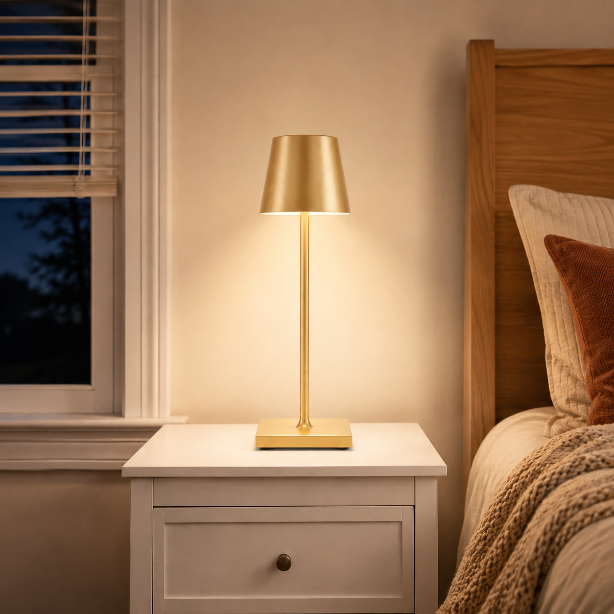 Gold table lamp glowing on a white bedside cabinet beside a bed in a softly lit bedroom.