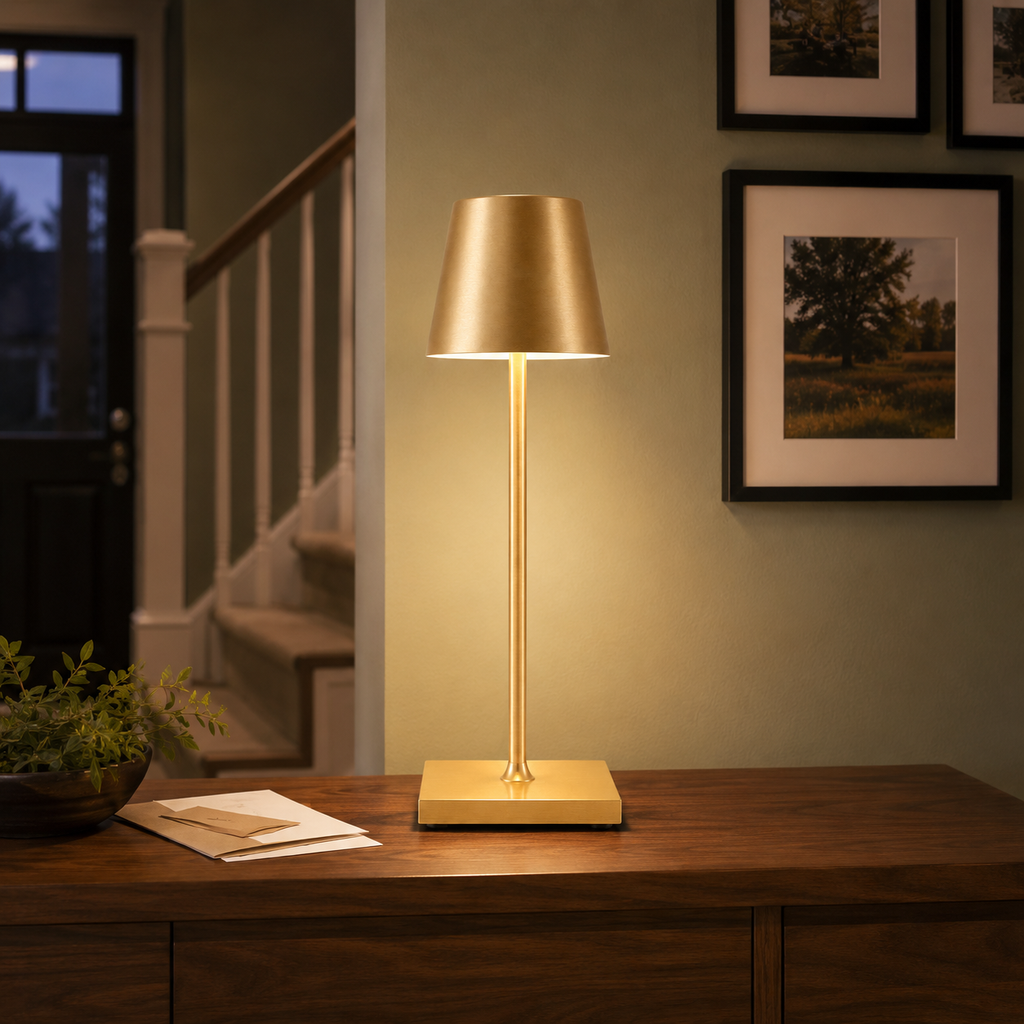 Gold table lamp glowing on a dark wood console beneath framed wall art near a staircase.