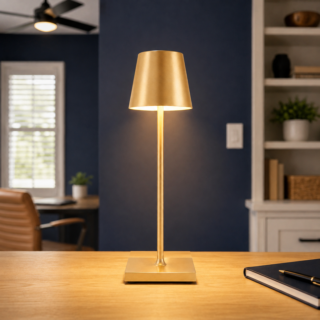 Gold table lamp glowing on a wooden desk beside a notebook in a dark blue home office.