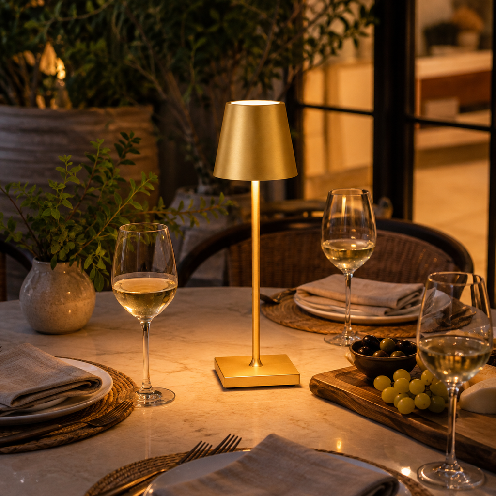 Gold table lamp lighting an outdoor dining table set with plates and glasses at night.