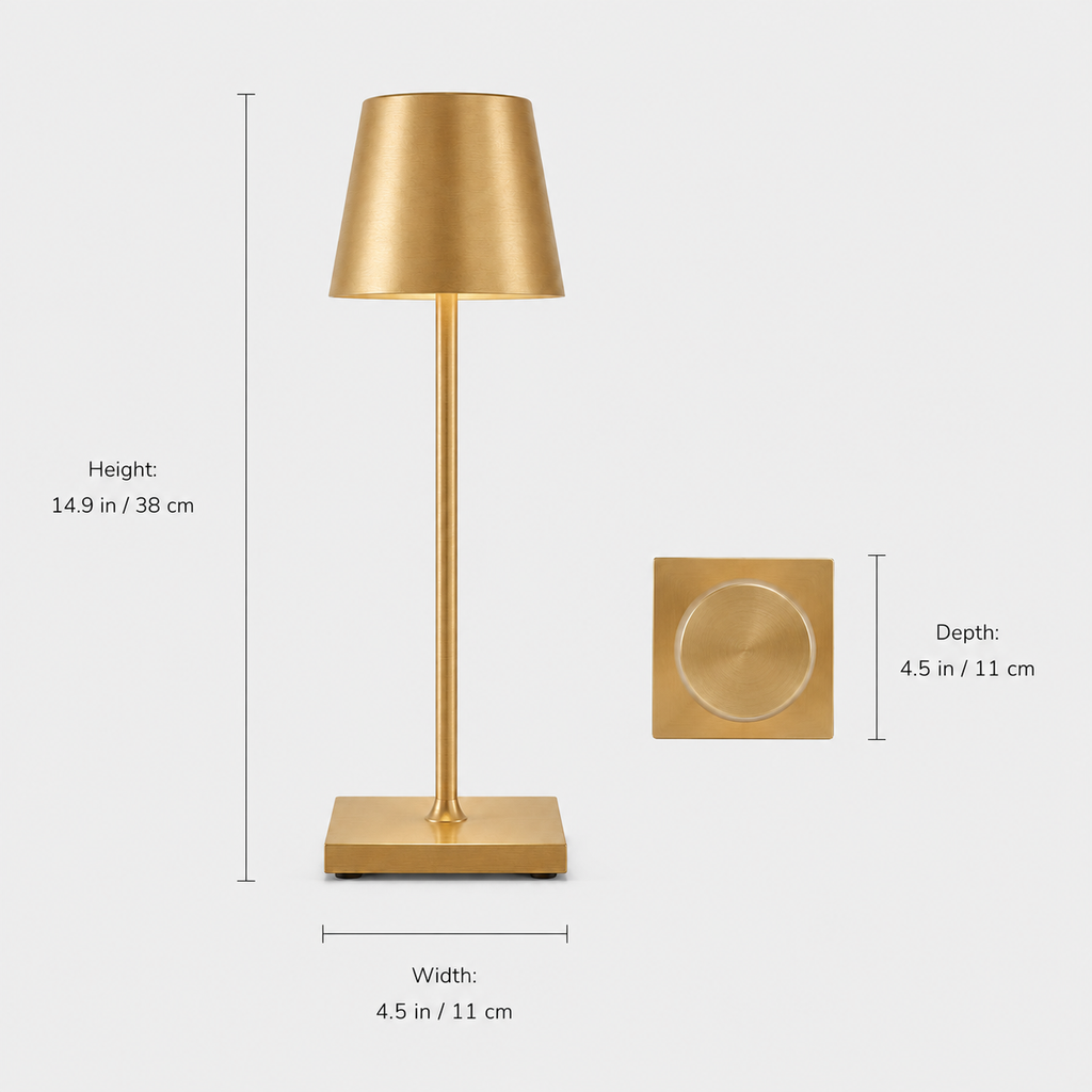 Dimension graphic showing a gold table lamp with height, width and base measurements.