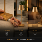 Three-panel graphic showing a gold table lamp being charged, placed on a surface and glowing.