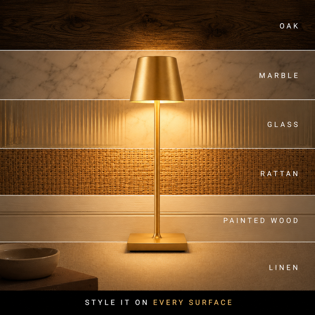 Gold table lamp glowing against labeled sections of wood, marble, glass, rattan, painted wall and linen.
