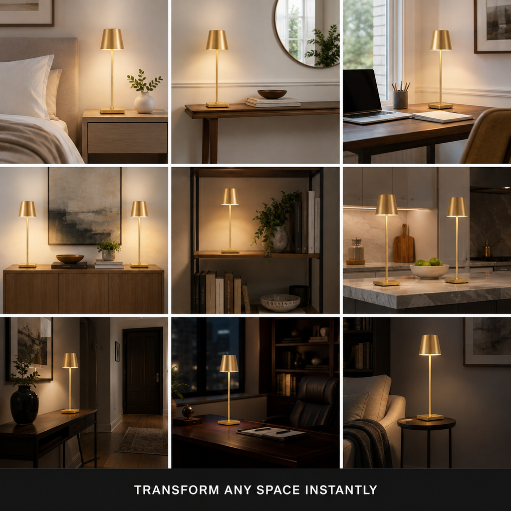 Nine-room grid showing the gold table lamp in different indoor spaces and lighting conditions.
