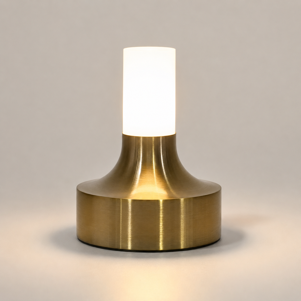 Gold table lamp glowing on a light neutral studio background with a soft shadow.