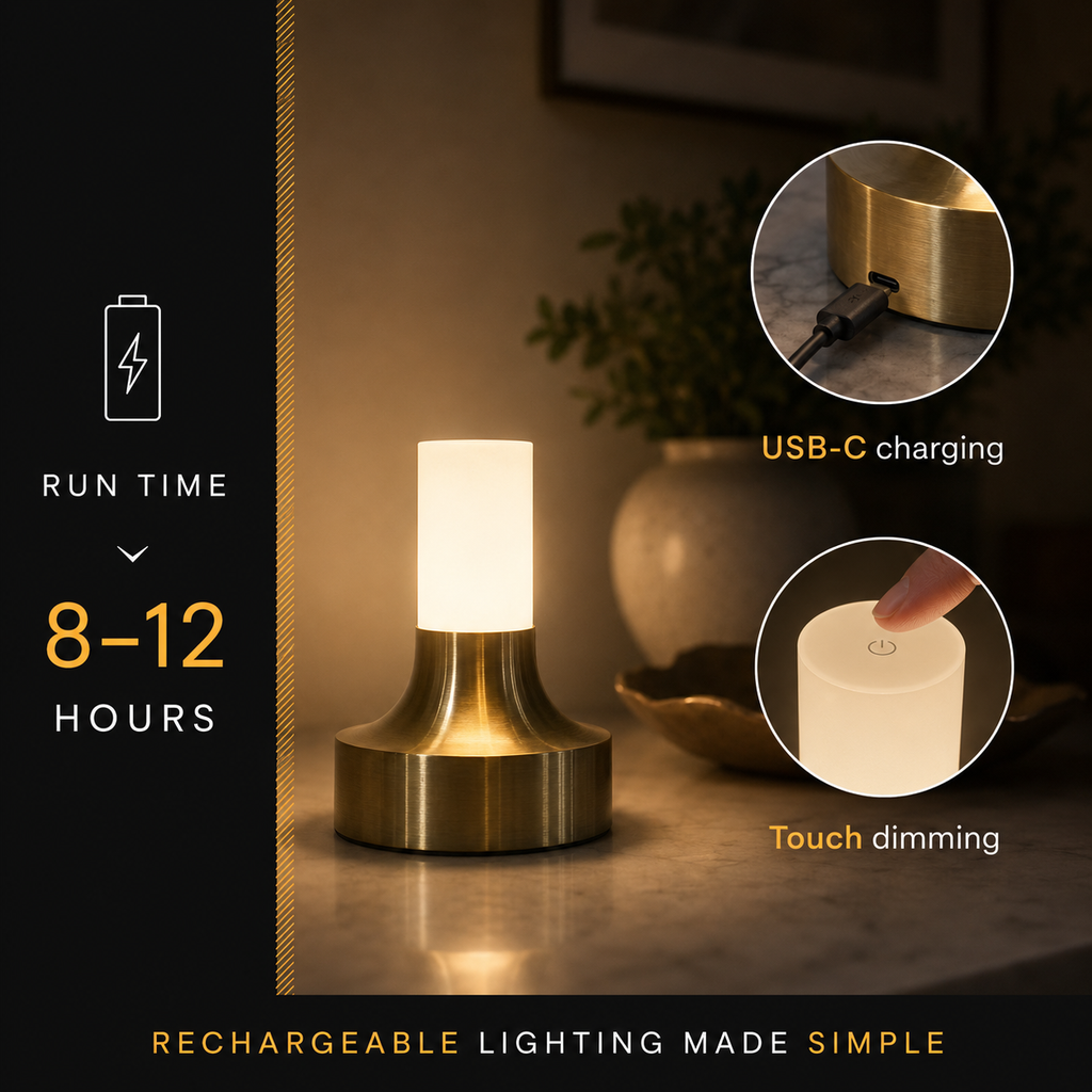 Gold table lamp beside runtime text and two circular close-up detail insets.