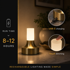 Gold table lamp beside runtime text and two circular close-up detail insets.